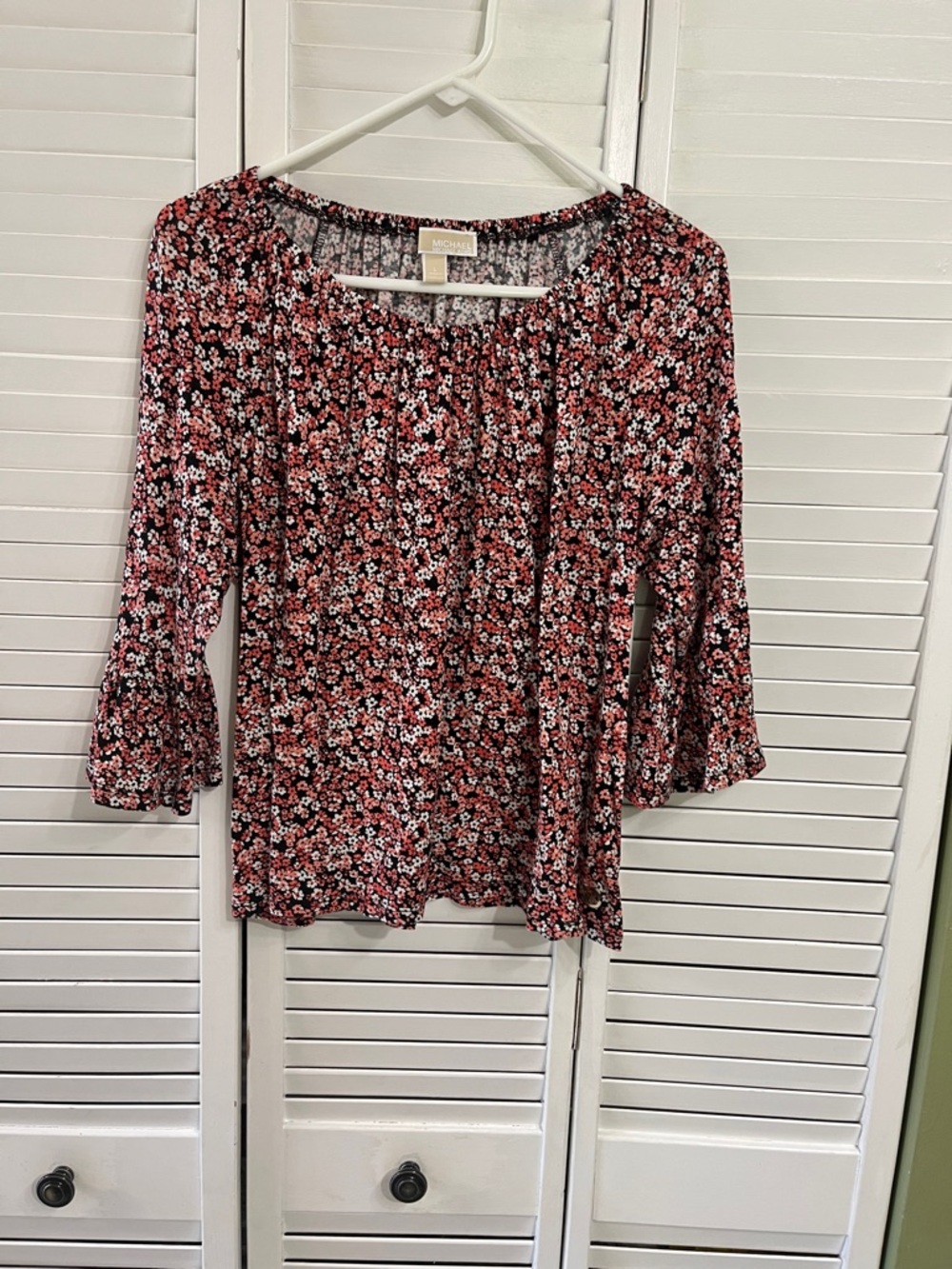 Michael Kors Black Floral Blouse with Red and White Blossoms